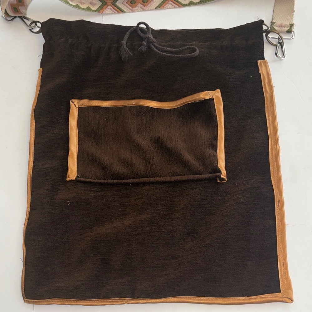 BROWN VELVET TOTE Y WITH GOLD COLORED SATIN TRIM POCKET OUTSIDE ADJUSTABLE STRAP